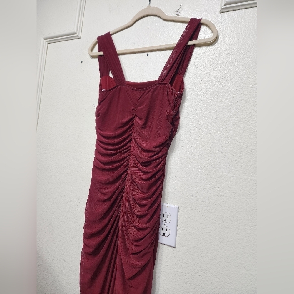 Lulus Amazing Presence Burgundy Mesh Ruched Column Maxi Dress S Wedding Party - Picture 9 of 10
